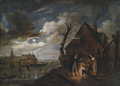 Holländische Kanallandschaft bei Mondschein mit Schlittschuhläufern und einem Lagerfeuer, an dem sich Bauern wärmen von Aert van der Neer